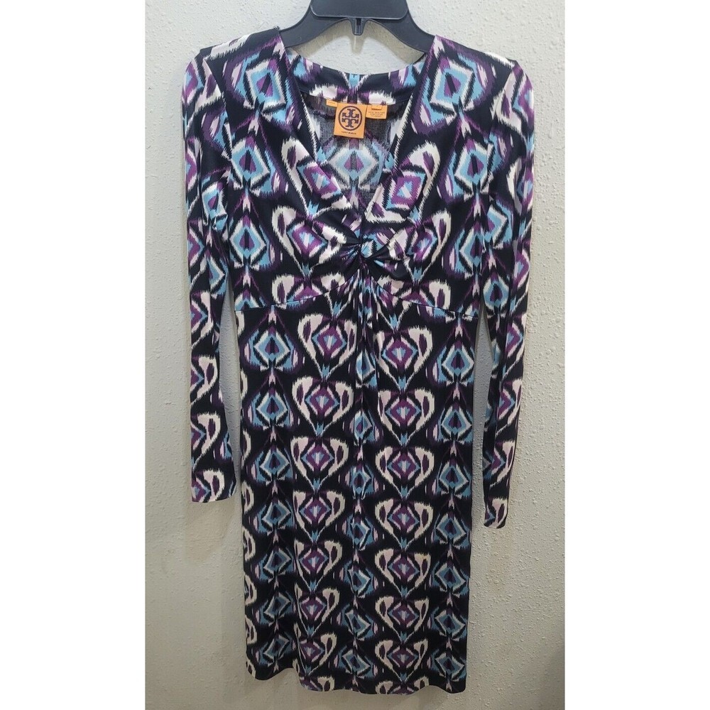 Tory Burch Black/Purple Diamond Heart Long Sleeve Midi Dress Sz. Small 100% Silk